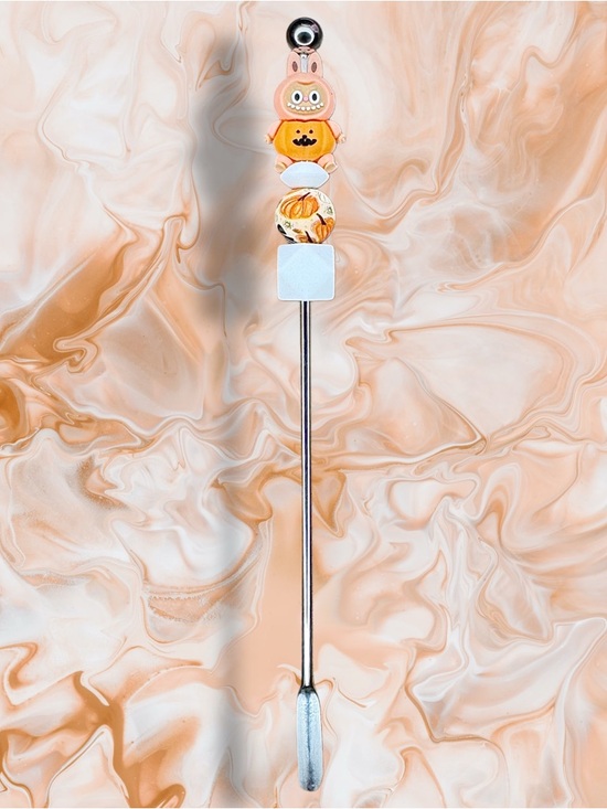 Handmade Other - Labubu Pumpkin Peachy Orange 3D Beaded Drink Stir